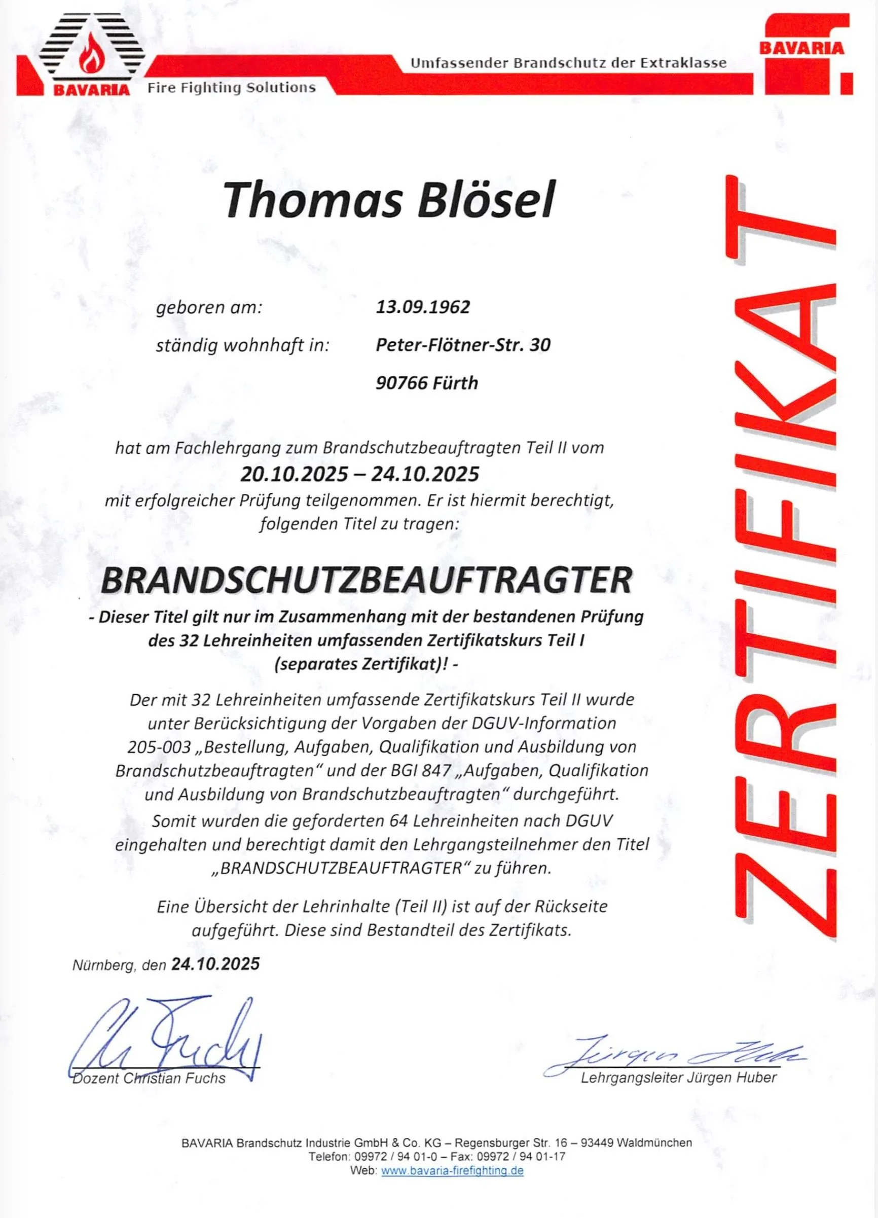 Zertifikat Brandschutzbeauftragter Thomas Blösel
