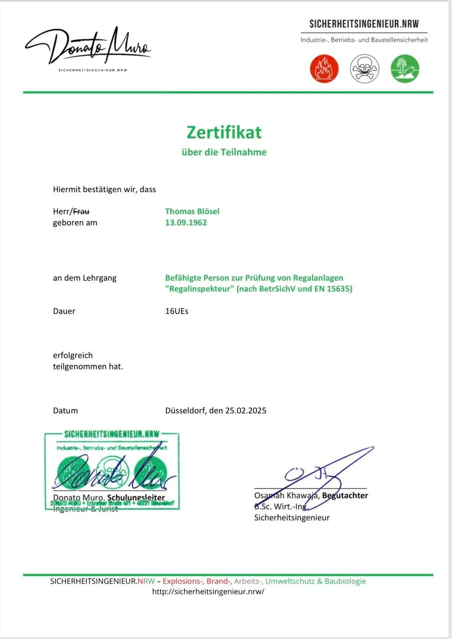 Zertifikat Regalinspekteur Thomas Blösel