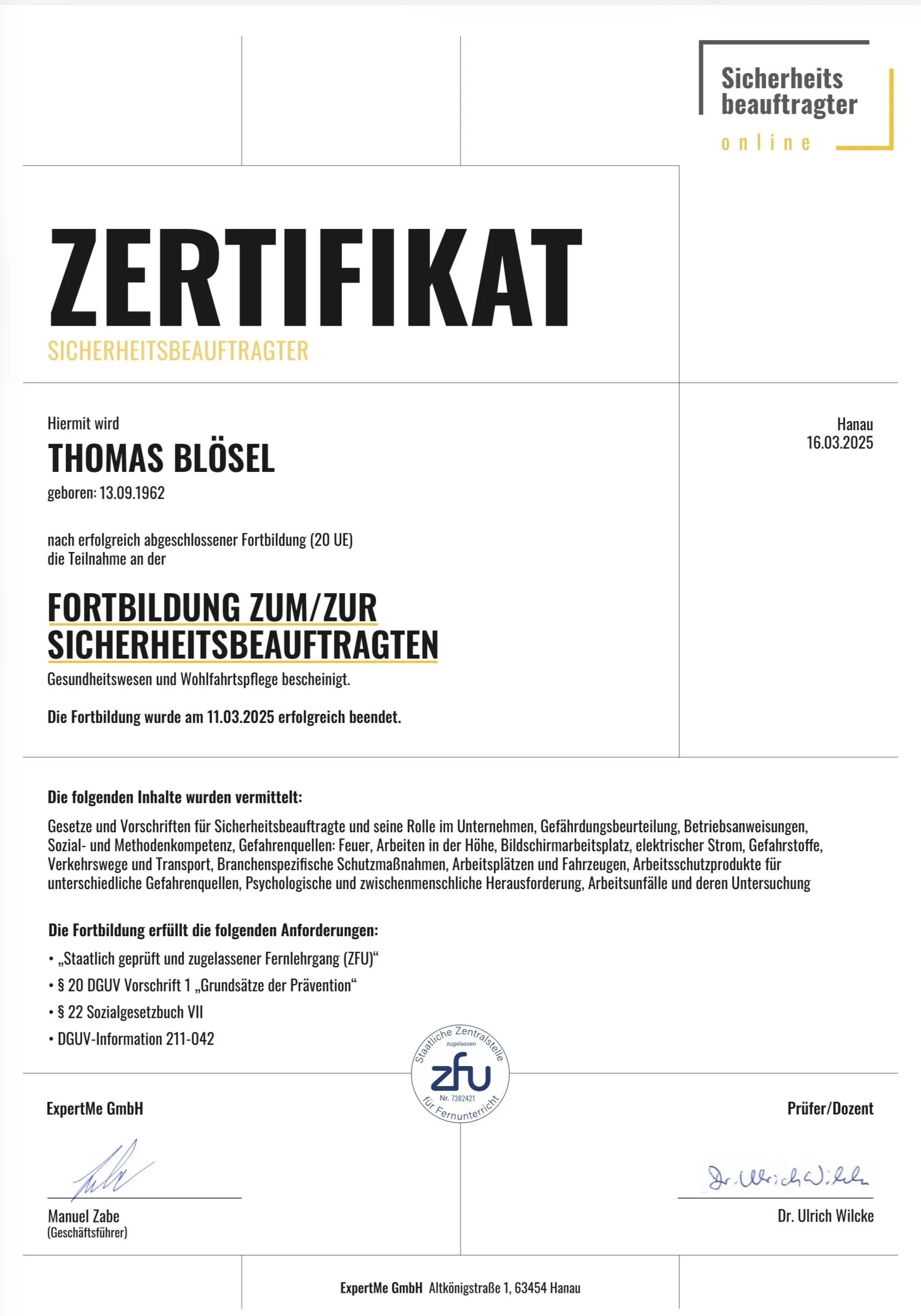 Zertifikat Sicherheitsbeauftragter Thomas Blösel